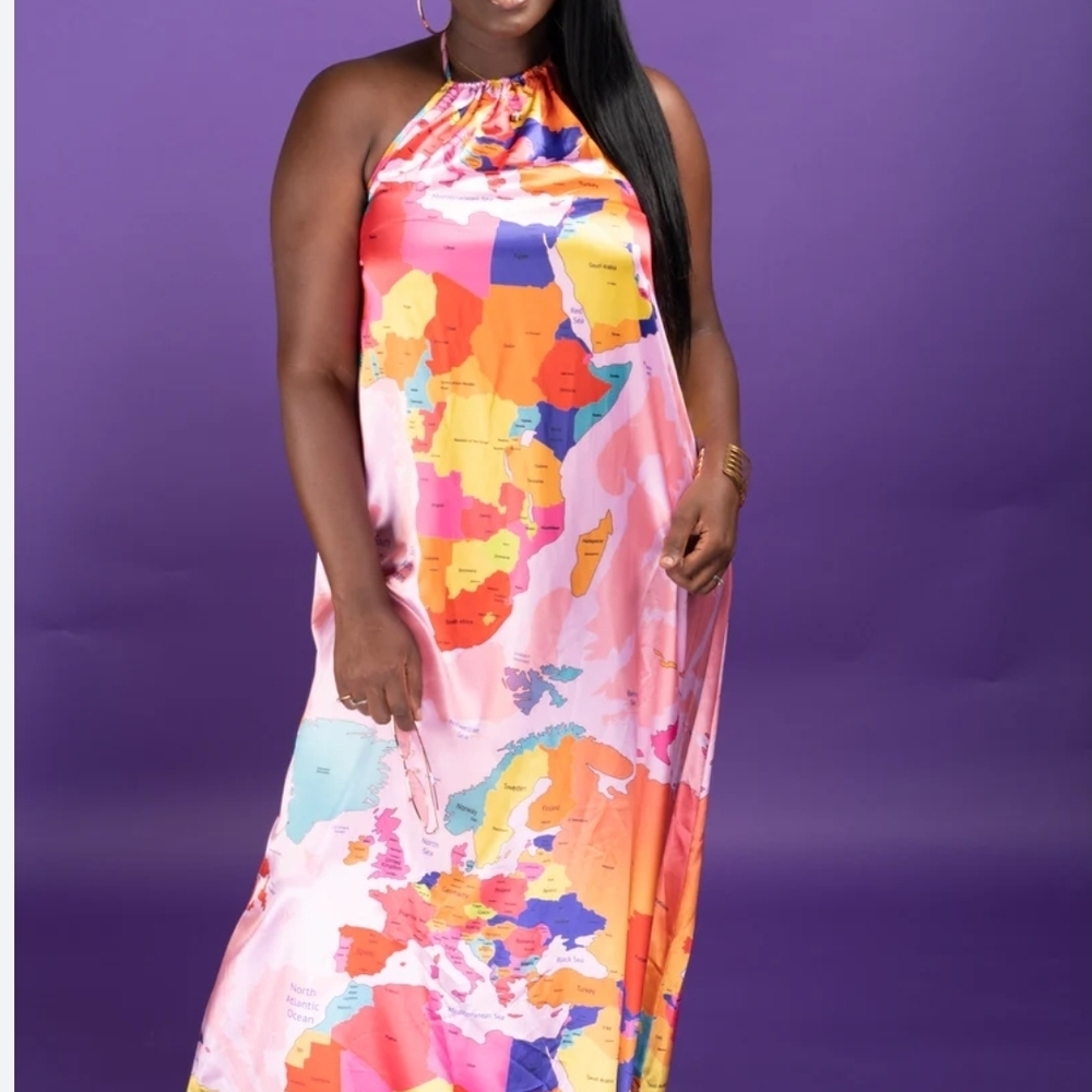 Vibrant Map Print Halter Maxi Dress